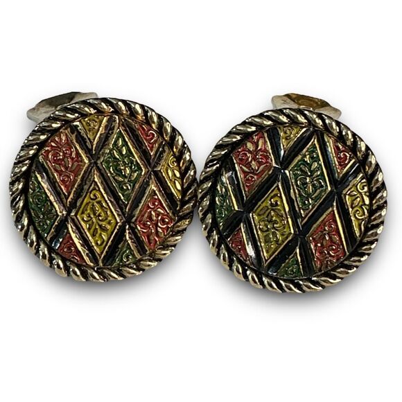 Vintage Sarah Coventry Mosiac Round Diamond Pattern Clip On Earrings Marked Sara - Picture 7 of 7